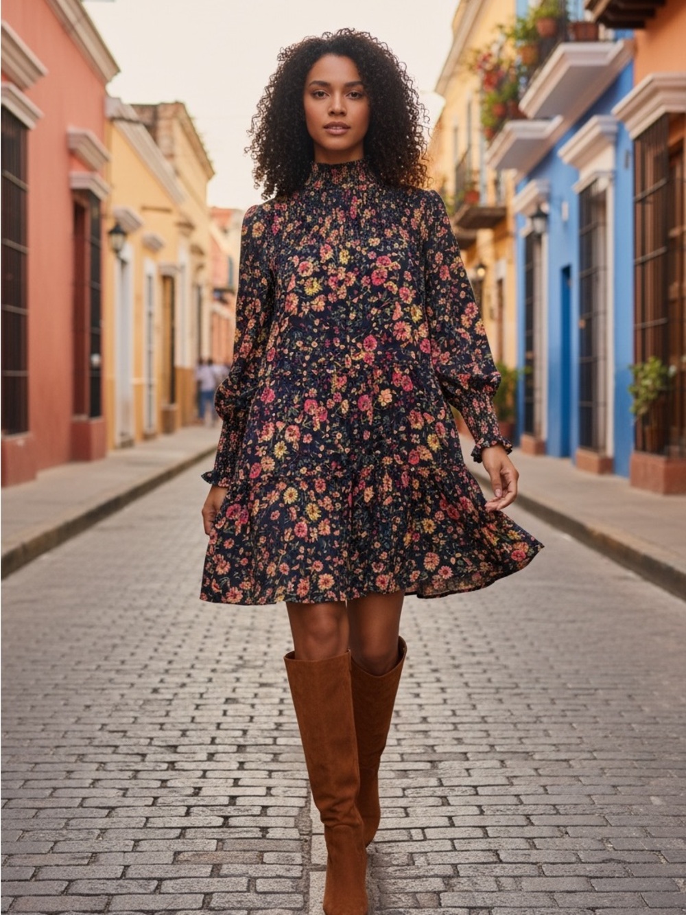 Vici Black Floral Long Sleeve High Neck Dress Fall